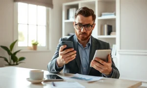 George Kamel looks at a smartphone at his desk, illustrating his analysis of Trump Accounts.