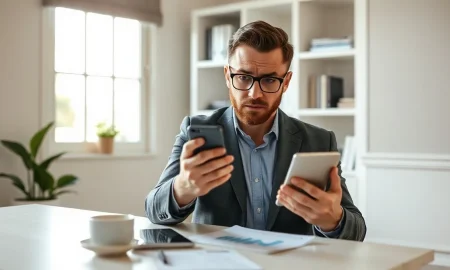 George Kamel looks at a smartphone at his desk, illustrating his analysis of Trump Accounts.