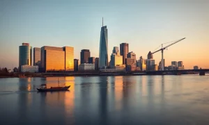 Frankfurt skyline at dawn with the Commerzbank Tower and ECB headquarters in view