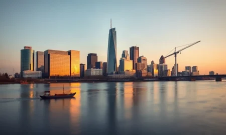 Frankfurt skyline at dawn with the Commerzbank Tower and ECB headquarters in view