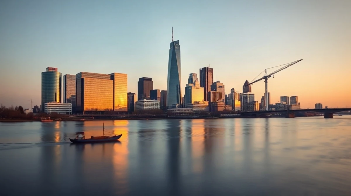 Frankfurt skyline at dawn with the Commerzbank Tower and ECB headquarters in view