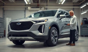 Technician inspecting the brake system of a GM electric SUV in a dealership service bay