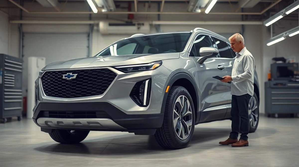 Technician inspecting the brake system of a GM electric SUV in a dealership service bay