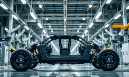 Electric vehicle chassis on an assembly line in a modern automotive factory