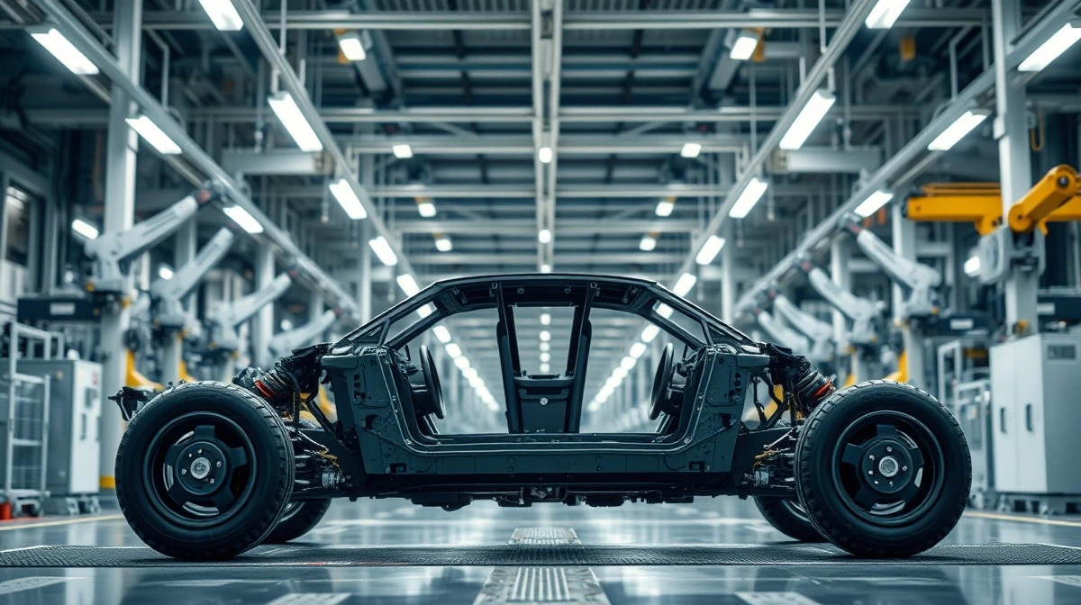 Electric vehicle chassis on an assembly line in a modern automotive factory