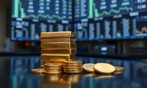 Gold bars and coins on a reflective surface with a blurred financial trading floor in the background