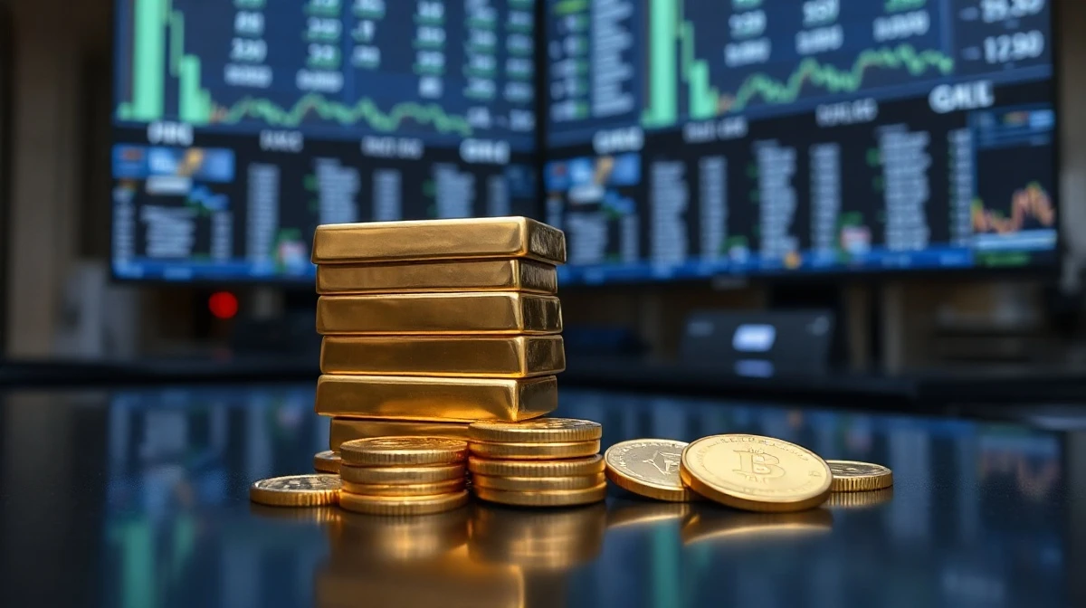 Gold bars and coins on a reflective surface with a blurred financial trading floor in the background