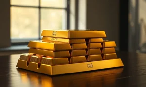 Gold bullion bars stacked on a dark surface, representing rising gold prices.