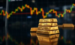 Gold bars stacked with a blurred financial market chart in the background
