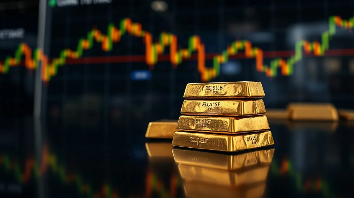 Gold bars stacked with a blurred financial market chart in the background