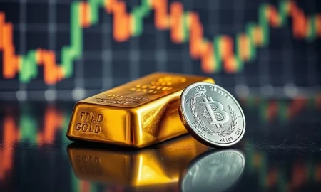 Gold bar and silver coin on reflective surface with blurred market chart background