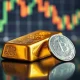 Gold bar and silver coin on reflective surface with blurred market chart background