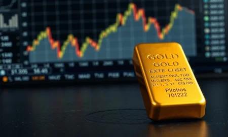 Gold bullion bar with blurred financial chart in background