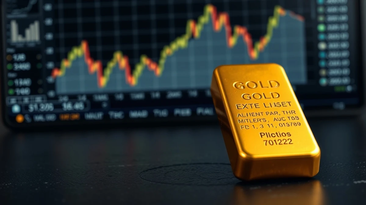 Gold bullion bar with blurred financial chart in background