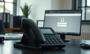 A desk phone in a financial office, symbolizing vishing attacks on investment firms.