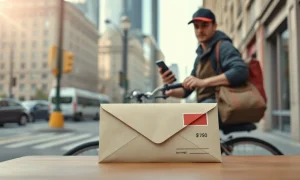 Food delivery driver holding a smartphone and delivery bag with a settlement check on a table nearby