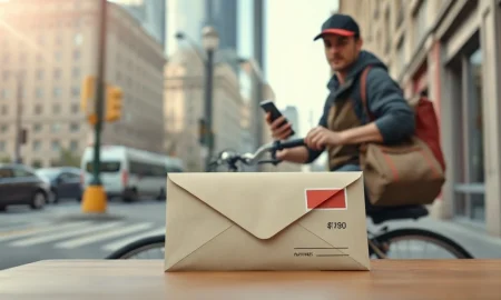 Food delivery driver holding a smartphone and delivery bag with a settlement check on a table nearby
