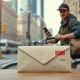 Food delivery driver holding a smartphone and delivery bag with a settlement check on a table nearby