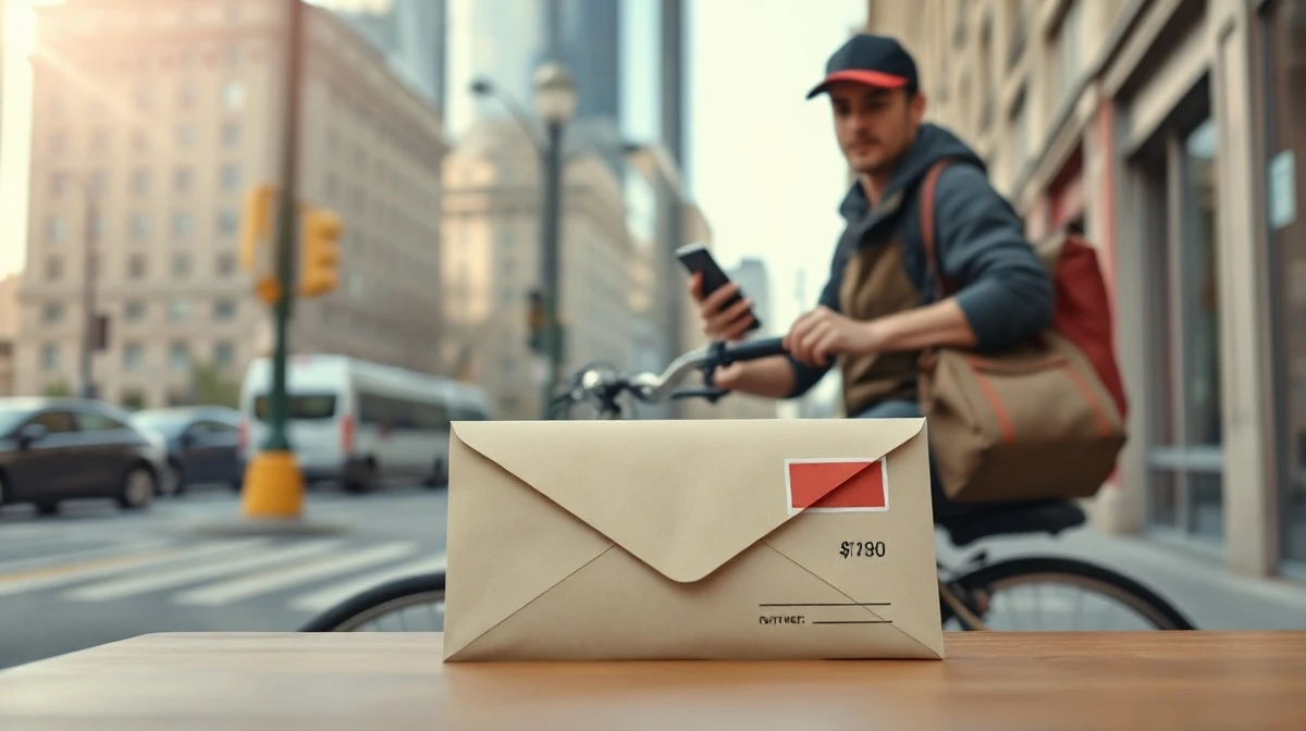 Food delivery driver holding a smartphone and delivery bag with a settlement check on a table nearby