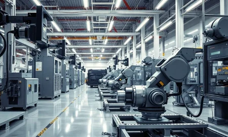 Interior of an automated manufacturing facility with robotic arms producing military components.