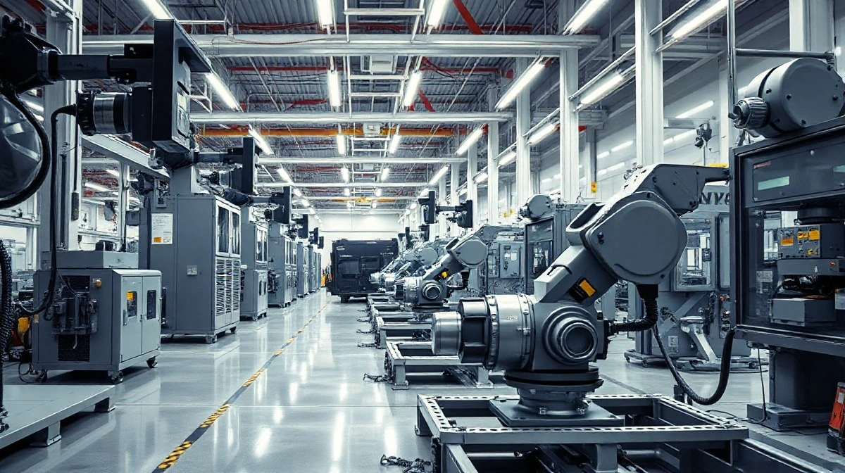Interior of an automated manufacturing facility with robotic arms producing military components.