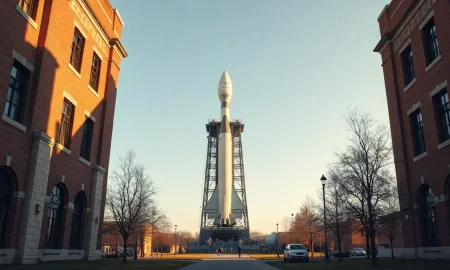 Harvard University building with a rocket on a launch pad in the background, representing the university's SpaceX investment