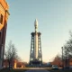 Harvard University building with a rocket on a launch pad in the background, representing the university's SpaceX investment