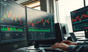 Trading desk with monitors showing stock charts and options data for PZZA, CRK, and KRYS.