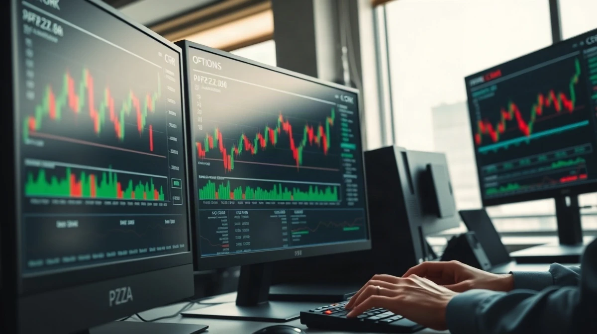 Trading desk with monitors showing stock charts and options data for PZZA, CRK, and KRYS.
