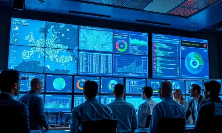 Security analysts monitoring network activity in a modern operations center