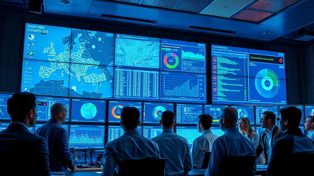 Security analysts monitoring network activity in a modern operations center