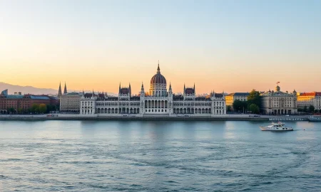 Hungarian Parliament Building in Budapest at dawn, symbolizing the country's economic outlook.