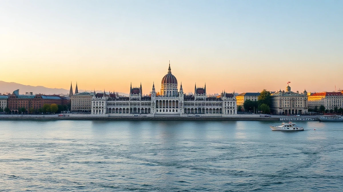 Hungarian Parliament Building in Budapest at dawn, symbolizing the country's economic outlook.