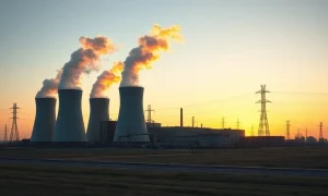 Natural gas power plant with cooling towers at dusk, representing energy infrastructure for AI data centers