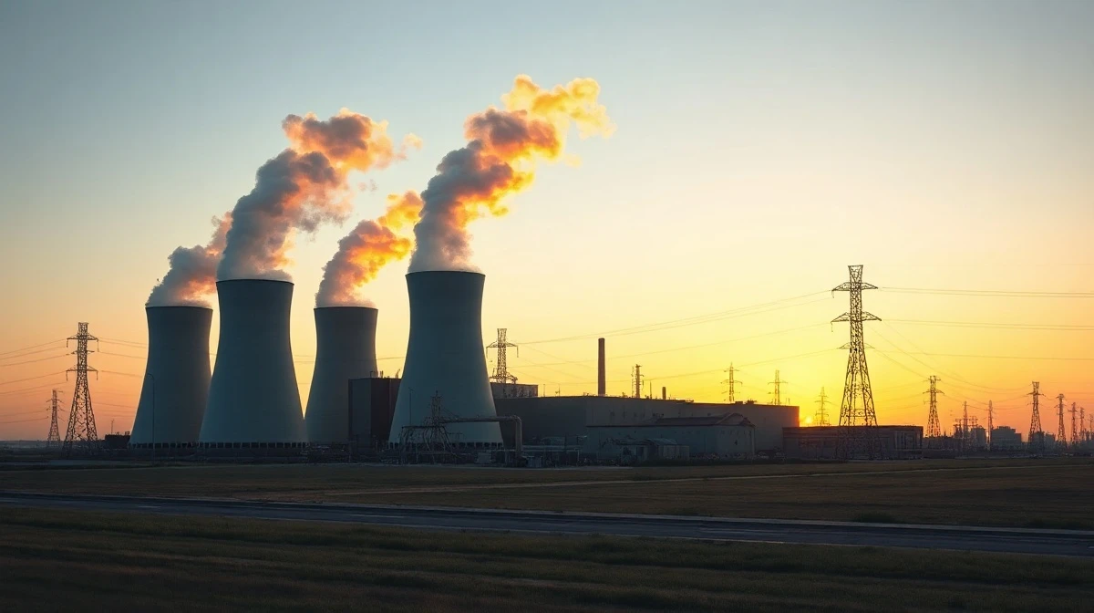 Natural gas power plant with cooling towers at dusk, representing energy infrastructure for AI data centers
