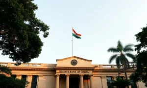 Reserve Bank of India headquarters in Mumbai, with Indian flag flying
