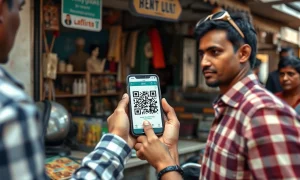 Shopper scanning a UPI QR code at a small merchant stall in India