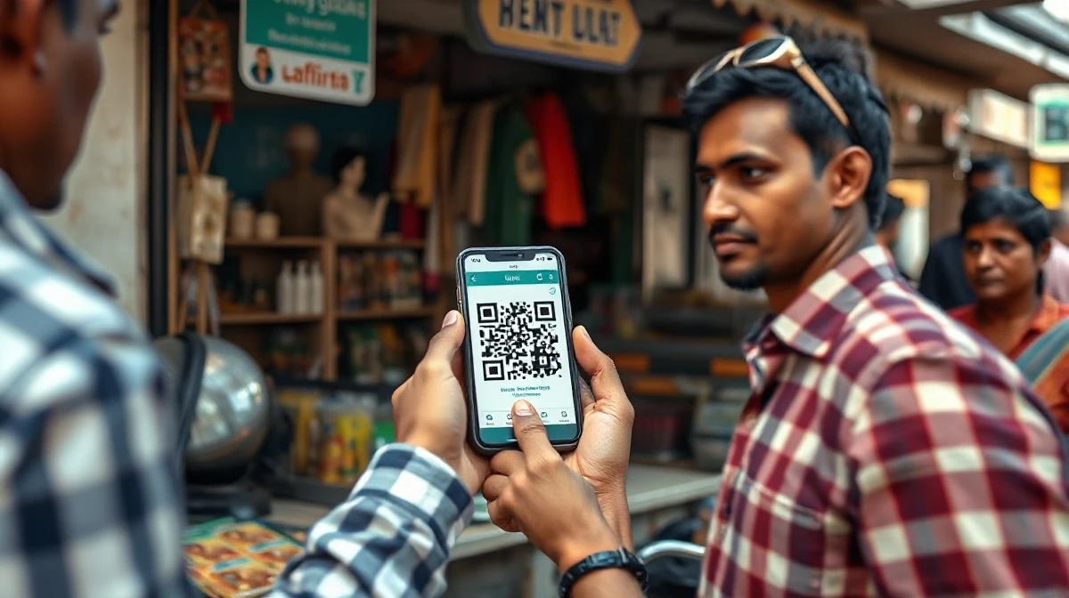Shopper scanning a UPI QR code at a small merchant stall in India