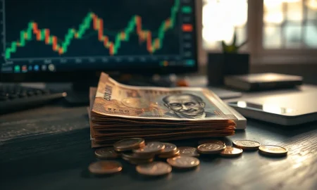 Indian Rupee banknotes and coins on a desk with a financial chart in the background