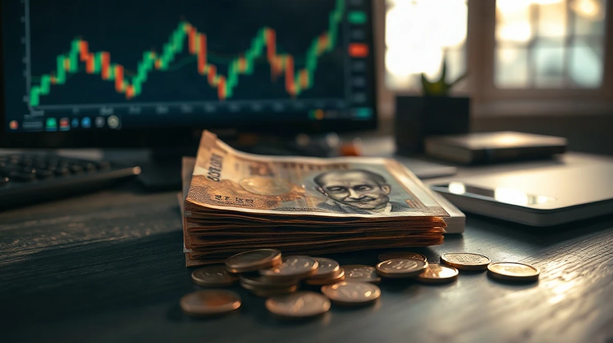 Indian Rupee banknotes and coins on a desk with a financial chart in the background