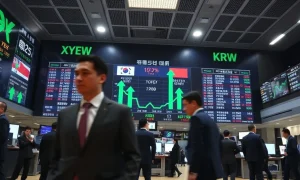 Currency exchange board showing the Japanese yen and South Korean won with upward arrows during a joint intervention.