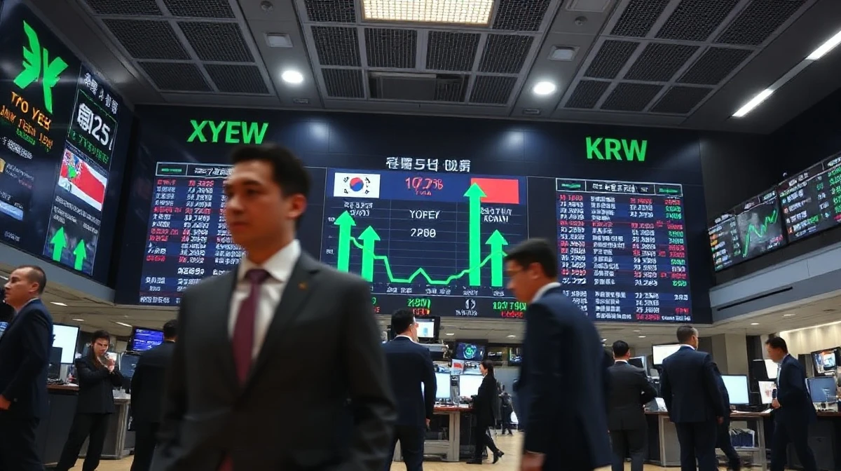 Currency exchange board showing the Japanese yen and South Korean won with upward arrows during a joint intervention.