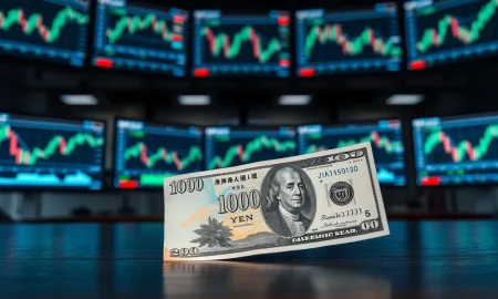 Japanese Yen and US Dollar banknotes on a desk with forex charts in the background
