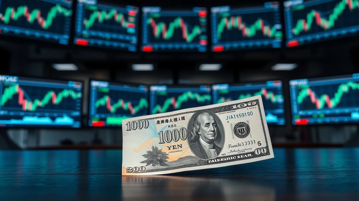 Japanese Yen and US Dollar banknotes on a desk with forex charts in the background