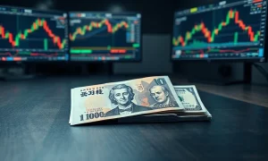 Japanese yen banknotes and US dollars on a trading desk with charts in background