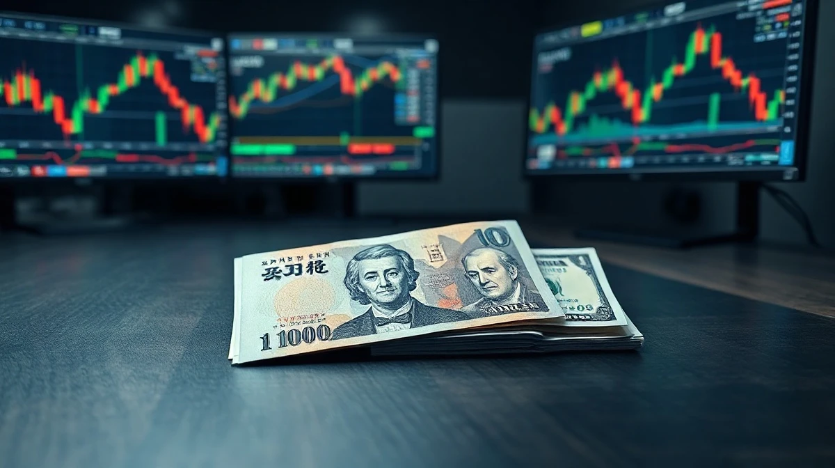 Japanese yen banknotes and US dollars on a trading desk with charts in background
