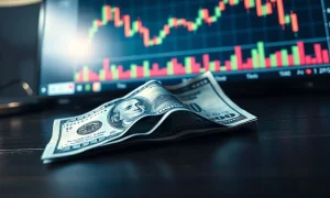 Japanese yen banknote and US dollar on desk with trading monitor showing USD/JPY chart decline