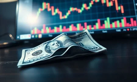 Japanese yen banknote and US dollar on desk with trading monitor showing USD/JPY chart decline