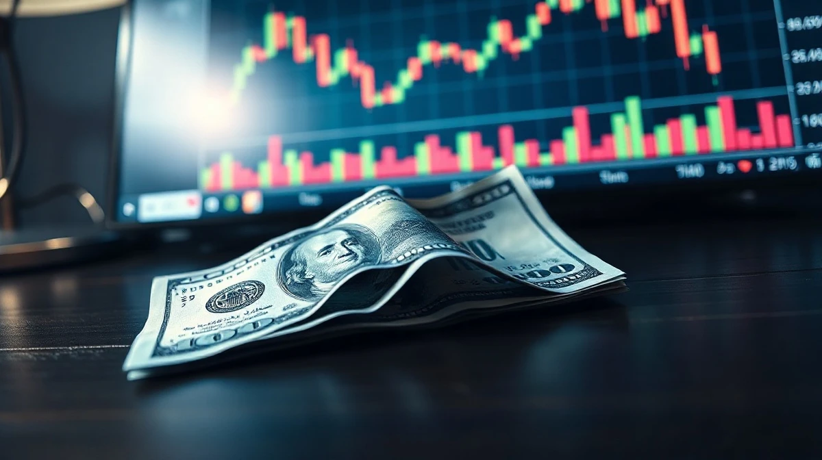 Japanese yen banknote and US dollar on desk with trading monitor showing USD/JPY chart decline