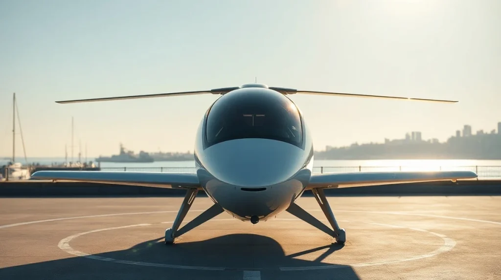 Joby Aviation eVTOL aircraft on a helipad with a city skyline in the background